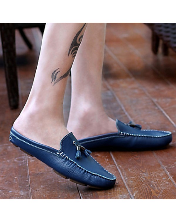 Men's Shoes Leather Casual Clogs & Mules Casual Stitching Lace / Tassel / Slip-on Black / Blue / Brown / White  